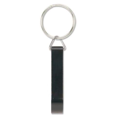 Handlicher Aluminium-Schlüsselanhänger mit Flaschenöffner und Schlüsselring. Klein und praktisch.