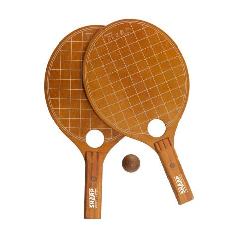 Eco-friendly racket set from Waboba. The rackets are made of pine and basswood and the natural cork ball is made of oak bark. Perfect for playing on the beach.  Waboba uses materials that are good for the environment and donates a portion of its profits to organizations committed to protecting and preserving the environment. Packed individually.
