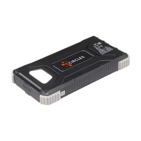 Sturdy outdoor solar 10,000 mAh powerbank with a casing made from recycled ABS with protective silicone bumpers on the corners. Equipped with a solar panel, LED indicator lights, LED torch and foldable hanging eye. Splash-proof and dust-resistant. Suitable for charging most common smartphones, and other devices. Input: Type-C1 DC5V/2.1A. Output: DC 5V 2A. 2 x USB-A port and 2 x USB-C port. Input solar: 100 MAh. Charging time on solar approx. 50 hours. The ideal charger for outdoor activities. Includes USB-C/USB-C charging cable and user manual. RCS-certified. Total recycled material: 20%. Each item is individually boxed.