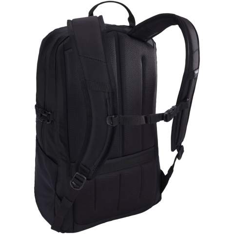 A versatile outdoor-inspired backpack that has multiple storage solutions to keep you organized on-the-go. Features elevated, dedicated pockets fitting a 16" MacBook® or 15.6" PC, and a 10.5" tablet, as well as an organization panel for smaller accessories. The secondary compartment is suitable for storing a change of clothes, accessories, or other personal items. The backpack has a sternum strap, padded back panel with airflow channel, and side compression straps to balance the load, making it more comfortable to carry. Constructed with Bluesign® approved 400D nylon with YKK zippers.