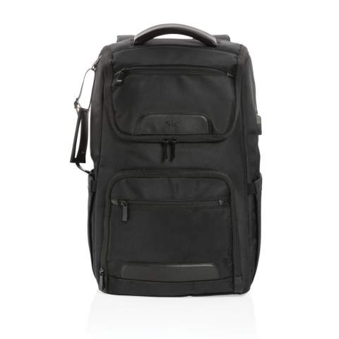 Make the daily commute a little bit easier and a lot more stylish with this laptop backpack. The bag is made from durable 1680D recycled polyester fabric with rich PU details and features a well designed shape with multiple pockets for storage and organisation. In addition to the roomy main compartment, this backpack features a padded 15.6" laptop pocket and an additonal zipper pocket to hold your other daily essentials. Other features of this backpack include a USB output, RFID pockets, pen loops, a detachable luggage tag and a side water bottle pocket. Exterior: 100% 1680D polyester / Lining: 150D recycled  polyester. With AWARE™ tracer that validates the genuine use of recycled materials. Each bag saves 29.8 litres of water and has reused 49.92 0.5L PET bottles. 2% of proceeds of each product sold containing AWARE™  will be donated to Water.org.<br /><br />FitsLaptopTabletSizeInches: 15.6<br />PVC free: true