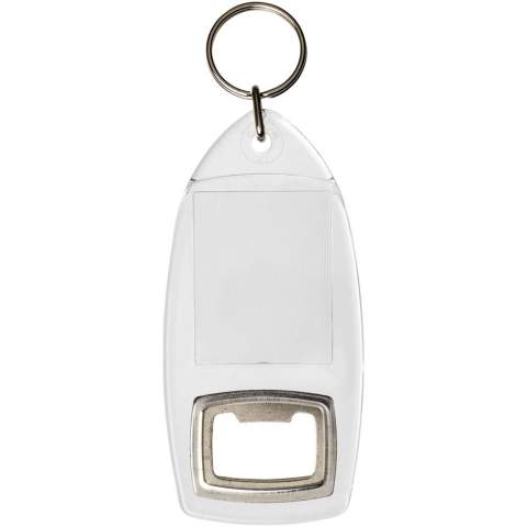 Porte-clés transparent R1 avec décapsuleur et anneau fendu en métal. L’anneau en forme de boucle métallique présente un profil plat idéal pour les envois. Dimensions de l’insert pour impression : 4,0 cm x 3,2 cm.