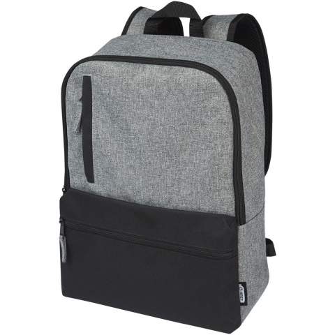 Laptop backpack made from 100% GRS recycled materials on the exterior featuring 2 zippered front pockets plus a spacious zippered main compartment containing a padded 15" laptop sleeve. The Reclaim laptop backpack provides a sustainable yet durable bag for your accessories and electronics, ideal for commuting, traveling, or regular daily use.