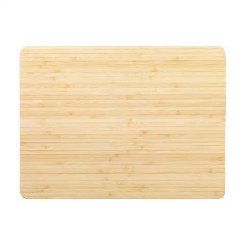 WoW! Chopping board made from sustainable bamboo. Generously sized board with a circular groove to collect meat or fruit juice that is released during cutting. This chopping board is treated with a vegetarian oil produced from soybeans. Bamboo is naturally antibacterial, hygienic and easy to clean. A responsible choice.  NOTE: Due to the natural grains and contours of bamboo, we cannot guarantee consistency in depth/colour of the engraving. Each item is supplied in an individual brown cardboard box.