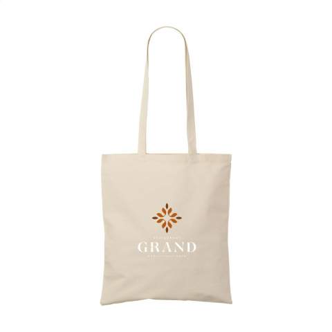 WoW! Sustainable shopping bag made from 100% firm-woven recycled cotton (140 g/m²). With long handles. GRS certified. Capacity approx. 7 litres.  If you choose this product, you choose sustainable cotton. This cotton is recycled. As a result, the colour may vary per product.