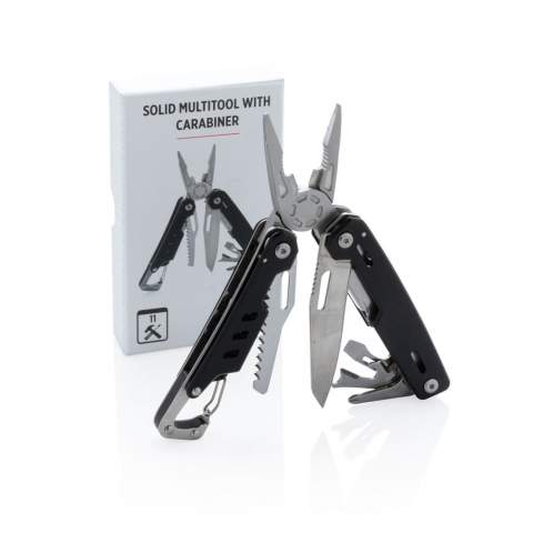 Strong and durable multitool with 11 functions. With aluminium case and stainless steel tools. Tools include: needle nose plier, regular plier, wire cutters, knife, phillips screwdriver, flat screwdriver, saw, can opener, bottle opener, wire stripper, carabiner. Packed in gift box.