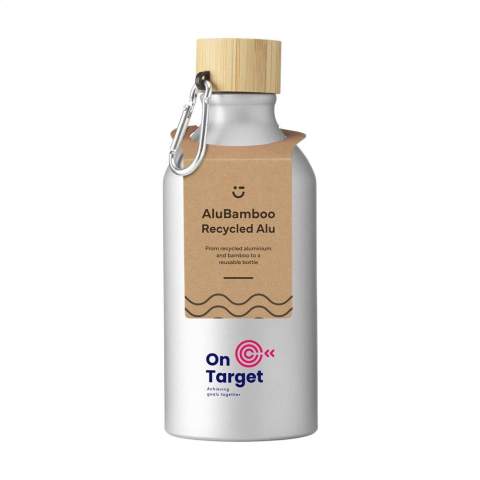 WoW! Single-walled water bottle made from recycled aluminium. With bamboo screw cap and an aluminium carabiner to easily attach the bottle to your bag or backpack. The carabiner is not to be used for climbing. You can take this ideal lightweight bottle with you everywhere. Only suitable for cold water. Leak proof. Not dishwasher-safe. GRS-certified. Total recycled material: 78%. Capacity 500 ml.     By using recycled aluminium, fewer new raw materials are used during the production of this product. This means less energy consumption and less use of water.