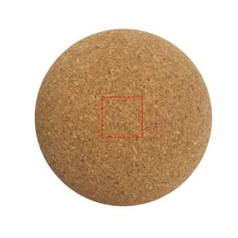 Yoga ball made from cork. Cork is a natural material derived from the bark of cork oak trees. It is often used in various products due to its unique properties, such as being lightweight, durable, more sustainable and providing a non-slip surface. It has a natural texture that provides excellent grip, even when the ball become slightly moist from sweat during yoga practice. Diameter: 6.5 cm. The pouch is made of recycled polyester.