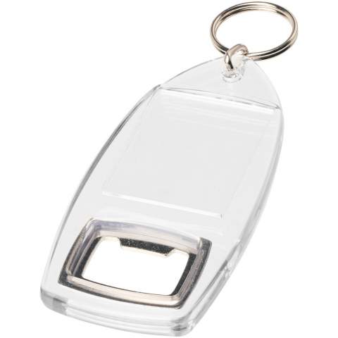 Transparenter R1-Schlüsselanhänger mit Flaschenöffner und metallenem Schlüsselring. Der Metallring bietet ein flaches Profil, das sich ideal für Mailings eignet. Abmessungen der Druckeinlage: 4,0 cm x 3,2 cm.