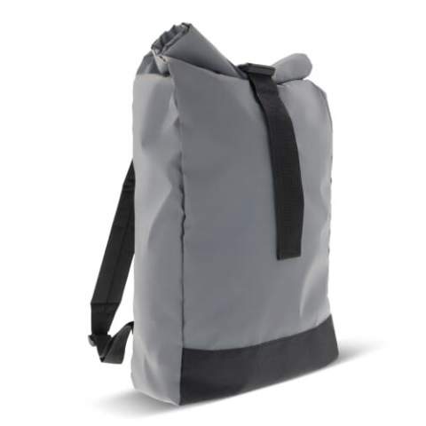 This stylish reflective backpack is made of a material that increases visibility in the dark. The backpack closes by folding over the top opening and then securing it with a buckle clip. It has a padded back and shoulder straps for comfort when carrying. On the back you will find a small, zippered compartment for small items that you need easy access to.