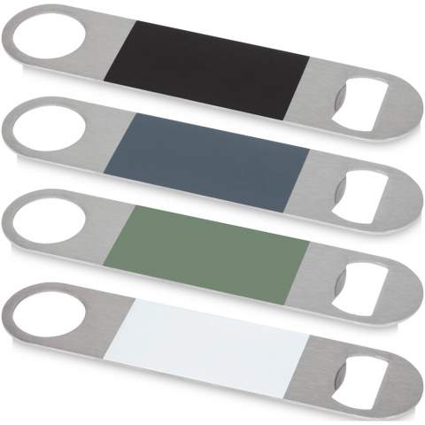 Bottle opener made of stainless steel with a large coloured area in the middle.