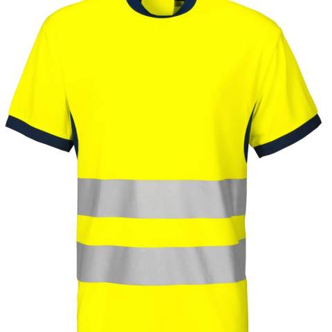 • T-shirt met ronde hals<br />• ribboord aan de kraag<br />• functioneel materiaal dat vocht wegvoert van het lichaam<br />• sneldrogend <br />• krimp- en kreukvrij<br />• gesealde reflectiebanden met stretch