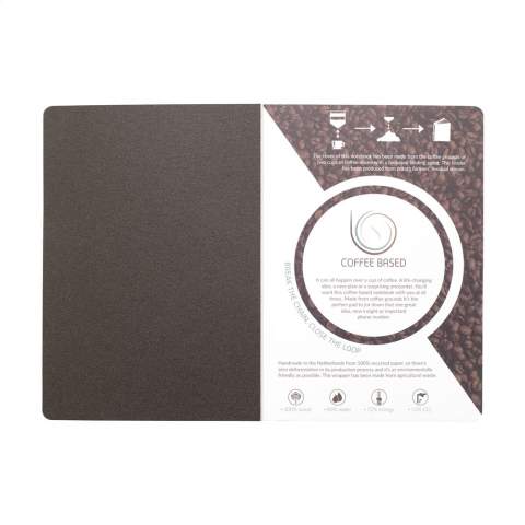 WoW! A5 notebook with a cover made from coffee grounds, it even smells like coffee! Coffee grounds remain after brewing and are then used to create this product. Coffee grounds are an organic material and are naturally biodegradable. This notebook is ideal for taking notes during important meetings and business lunches. The 80 sheets/160 pages of lined paper (80 g/m²) in this notebook are 100% recycled, meaning no deforestation has taken place to create this notebook.