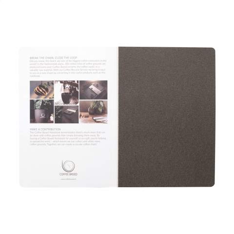 WoW! A5 notebook with a cover made from coffee grounds, it even smells like coffee! Coffee grounds remain after brewing and are then used to create this product. Coffee grounds are an organic material and are naturally biodegradable. This notebook is ideal for taking notes during important meetings and business lunches. The 80 sheets/160 pages of lined paper (80 g/m²) in this notebook are 100% recycled, meaning no deforestation has taken place to create this notebook.