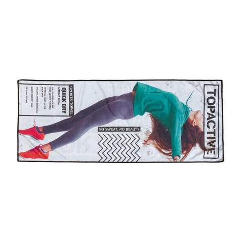 Sneldrogende microfiber handdoek (150g/m², 300x800mm). Inclusief een custom-made full-colour opdruk aan één zijde (optioneel twee zijden). De kleur van de zoom kan naar wens aangepast worden.