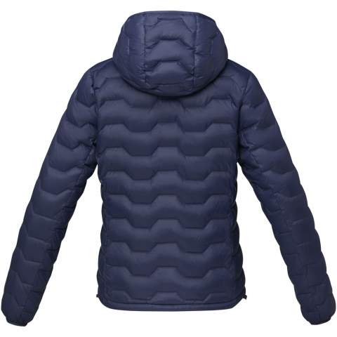 The Petalite women's GRS recycled insulated jacket – a sustainable and stylish outerwear choice for environmentally-conscious adventurers. Crafted with precision and care, this jacket is fully GRS certified, making it a more sustainable addition to your wardrobe. Designed for comfort and warmth, the honeycomb quilted pattern shows a modern design and enhances insulation, while the GRS certified recycled nylon dull cire 380T woven fabric provides durability and weather resistance. Even the trims and accessories, including zippers, are thoughtfully sourced from recycled materials, ensuring every aspect of this jacket contributes to a greener planet. Equipped with practical features, the Petalite jacket has front pockets with zippers and an inside left bottom pocket for secure storage. The inner stormflap with chin guard shields you from the elements, while the elastic drawstring with adjustable cord lock in the bottom hem allows for a customised fit. The elastic binding on the hood ensures added protection against cold winds. The RDS certified recycled feathers provides warmth without compromising on ethical standards. With GRS certification guaranteeing a 100% certified supply chain, this garment truly represents an environmentally conscious choice. This jacket is designed with a fitted shape for a feminine look.