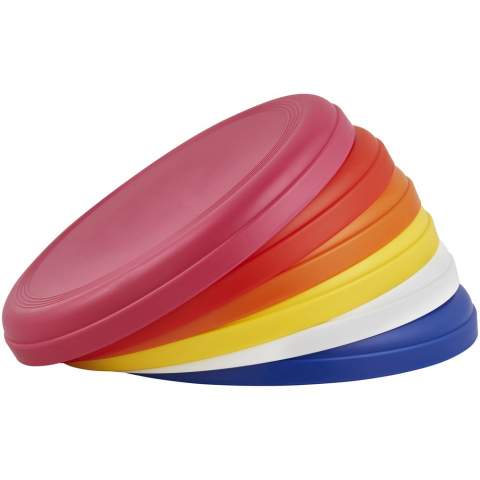 Stabiler Frisbee aus recyceltem post-consuper Kunststoff. Das Material hat aufgrund der Beschaffenheit des recycelten Materials eine gesprenkelte Oberfläche. EN71-konform. 