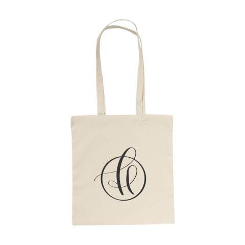 WoW! Sustainable shopping bag made from 100% firm-woven recycled cotton (140 g/m²). With long handles. GRS certified. Capacity approx. 7 litres.  If you choose this product, you choose sustainable cotton. This cotton is recycled. As a result, the colour may vary per product.
