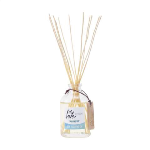 The Spiritual Spa Diffuser from the 'We Love The Planet' brand consists of several different 100% essential oils, that when mixed together, provide the most intense fragrance experience. Spiritual Spa is a popular fragrance. This relaxing and refreshing fragrance oil has a neutralising effect that combines eucalyptus, mint, lavender and rosemary, tea tree and basil. Having this scent in your home replicates the sense of being in a sauna. With just 2-3 sticks, these diffusers can last between 7 and 9 weeks with normal use. This set consists of a bottle with a capacity of 50 ml of fragrance oil and 2 bunches of small kajute sticks. The oil contains no synthetic fragrances, alcohol or solvents. Each set is supplied in a recycled kraft gift box with a sleeve.  The wooden fragrance sticks are made from washed and dried reed, called Sida Rhombifolia Linn. These kajute sticks are picked by hand, and they grow like weeds in the wild. These sticks are extremely important in the scent experience. Due to being hollow inside, they load and disperse the scent far better than 'normal' fragrance sticks.