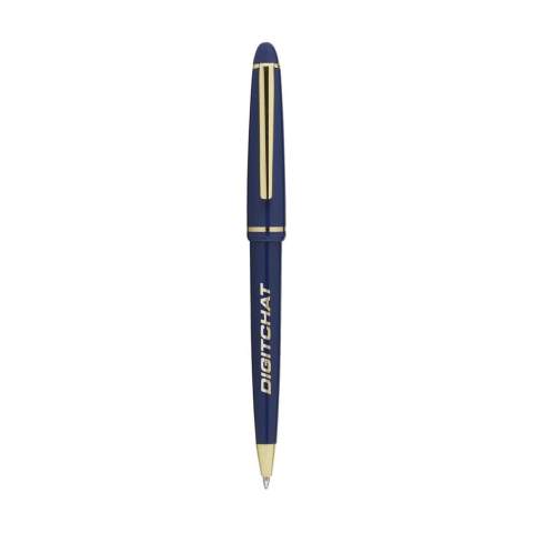 Stylo à encre bleue avec corps brillant, clip et pointe dorés et système de capuchon coulissant.