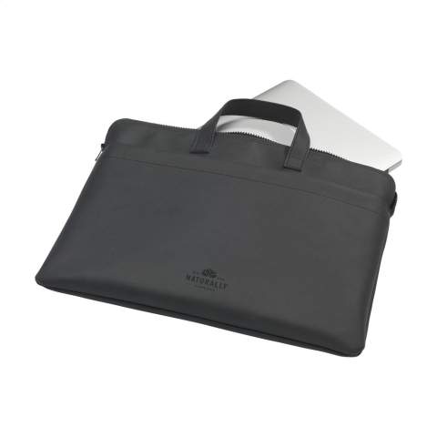 With a luxurious, design, this 15-16-inch laptop bag from the MADE out of brand, made from vegan leather. The vegan leather is a plant-based alternative to leather and made from recycled apple pulp. It has the look and feel of real leather. The waste from the apples is processed and then combined with a mix of PU, polyester and cotton. This laptop bag has a YKK zipper, 2 handles and a front pocket. The spacious main compartment is neatly finished with a 100% recycled PET lining, and offers enough space for a charger, documents and a notepad. Suitable for storing and safely transporting a laptop up to 16-inches. Keep everything in one place, even when you are on the go. This top product is handmade. Dutch design. Made in Holland.