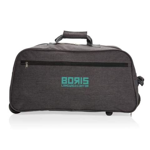 600D high density extra strong two tone polyester fabric. With extendable trolley system. One front pocket and one zipper closure main compartment.