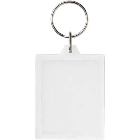 Clear rectangular E1 keychain with metal split keyring. The metal looped ring offers a flat profile which is ideal for mailings. Print insert dimensions: 4,5 cm x 3,5 cm.