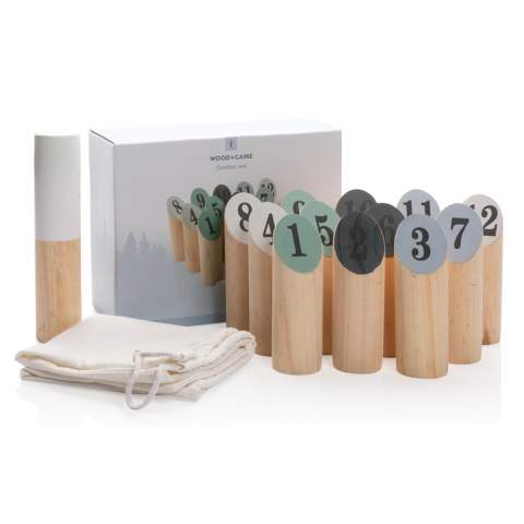 This addictive tactical game challenges players to throw underhand the wooden cylinder at the 12 wooden pins. The first player to reach exactly 50 points wins. It is not allowed to exceed 50.  It might look easy but it is highly challenging!  After each throw the pins are placed back upright. The set includes: 12 x numbered pins and 1 wooden throwing cylinder all made from strong Pine wood. Presented in a cotton pouch with rule book.
