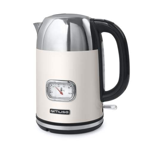 This stylish kettle from Muse has a capacity of 1.7 liters. This retro-style kettle combines modern technology with vintage design. The kettle is equipped with a water level indicator and an analog temperature gauge. Safety has also been considered; the kettle switches off automatically when there is no water in the appliance and when the water boils.