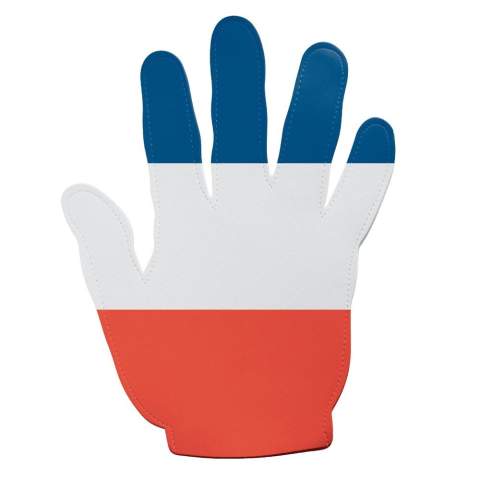 Grote evenementenhand in de kleuren van de Franse vlag met een aanzienlijk bedrukkingsoppervlak. Het unieke formaat van deze hand zorgt voor een opvallende verschijning. 