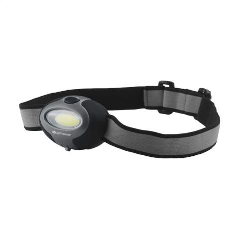 ABS headlight with COB LED. Emits a large bright, white light. On adjustable elastic strap. Extremely suitable for outdoor activities in the dark. Incl. cell batteries. Per piece in box.