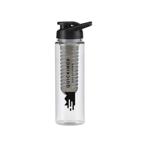 Water bottle with infuser. Made from clear Tritan plastic. With coloured, practical screw cap and lockable drinking opening. Leak proof. Fill the large infuser compartment with fresh fruit or vegetables and create your own taste sensation. Not dishwasher-safe. Capacity 700 ml.