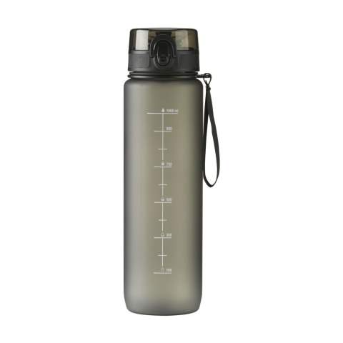 Keep yourself hydrated with this matt transparent water bottle made from PCTG SK plastic. The bottle has a leak proof screw cap and a handy carrying loop. The screw cap has a drinking spout and is hygienically sealed with a transparent lid with a push button and lock. With content indication in ml and oz. The perfect companion for at home, at work or on the road and a practical incentive to improve your water intake. Capacity 1,000 ml.