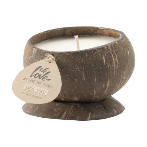 This natural Coconut candle from the 'We Love The Planet' brand is made from 100% soy wax, contains no chemicals, is environmentally friendly and also biodegradable and has no less than 40-45 burning hours. The wick is made from unbleached cotton. The candle comes with a matching stand, but can also float in the water. A real eye-catcher for any interior. As coconut is a natural product, each candle is unique. This gives each candle an attractive and playful character! Available in different scents. Supplied individually in a kraft gift box.  To ensure that the manufacturing process does not contribute to large-scale deforestation, the soy wax used in these candles comes from an organic and responsible soy plantation. The wick is made from unbleached cotton. The coconut husks that are used are a waste product, mainly from the food industry in Thailand. By recycling these shells, we can offer you an environmentally friendly and sustainable candle.