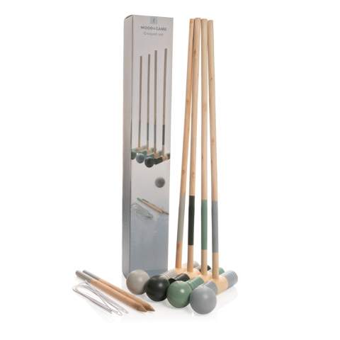 Beautifully crafted 4 player wooden croquet set that includes 4 croquet hammers, 4 balls and 10 metal hoops. Simply place the hoops in a prefered position and make two teams. One team plays 2 designated balls and the other team play the other 2. If one team succeeds to hit the ball through a hoop they get another strike. If not:  it’s the other team turn. The winner is the team who manages to score all hoops with both balls.  Hammer head and balls are made from Pine wood and handle and pins from Eucalyptus wood. Presented in a cotton pouch with rule book.
