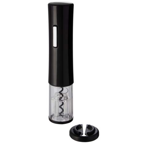 Electric wine opener that features a foil cutter. It works with 4 AA batteries (not included).