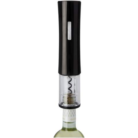 Electric wine opener that features a foil cutter. It works with 4 AA batteries (not included).