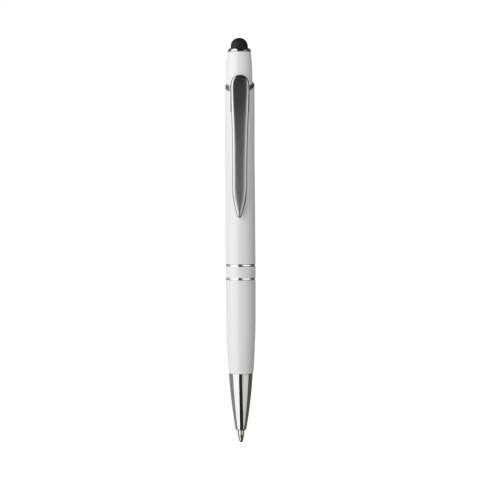 Blauwschrijvende pen met aluminium houder met gripvast voorstuk, zilverkleurige accenten en metalen clip. Voorzien van een top/pointer voor het bedienen van touchscreens (zoals iPhone/iPad).