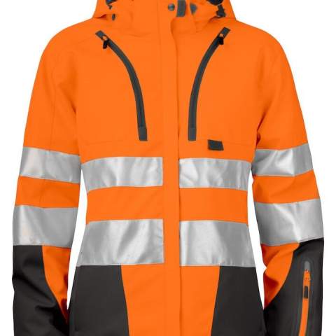 • gewatteerde, doorstikte voering<br />• wind, waterafstotende en ademende softshell<br />• aanpasbare en afneembare capuchon<br />• fleecegevoerde kraag en zijzakken<br />• twee schuinlopende, verticale borstzakken, de linker met telefoonzakje binnenin                         <br />• ritssluiting aan de voorzijde die bedekt is met een flap. Deze stormflap kan afgesloten worden met drukknopen<br />• twee zijzakken<br />• één mouwzakje op linkermouw<br />• lus voor badgehouder<br />• ventilatieopeningen in mesh onder de oksels met ritssluiting<br />• aanpasbare taille<br />• aanpasbare manchetten<br />• verlengd rugpand <br />• reflecterende biezen op mouwen en rug