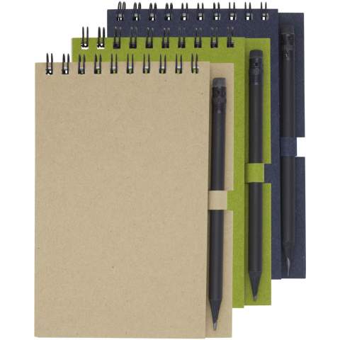Gerecycled wire-O notitieboek met papieren kaft met 40 vellen, 80 g/m² blanco FSC gerecycled papier, en een zwart potlood. Het notitieboekje is gemaakt in Italië en het potlood in China.
