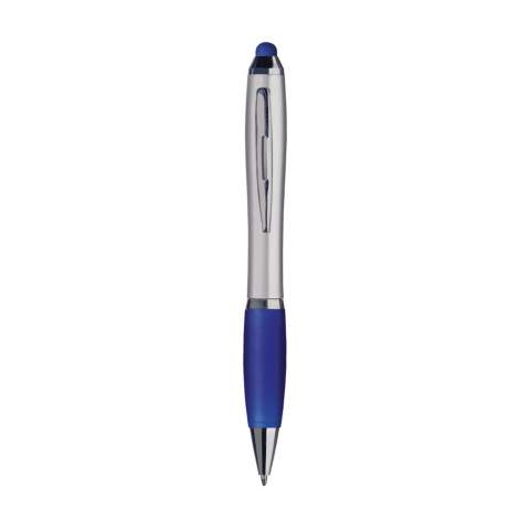 Blauschreibender Kugelschreiber mit farbiger, gummierter Spitze/Pointer zum Bedienen von Touchscreens (wie iPhone/iPad), hochglänzenden Akzenten, farbigem, grifffestem Vorderteil, Aussparungen im Metallclip und Dreh-Klicksystem.