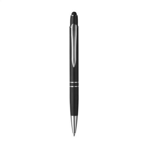 Blue ink pen with aluminium holder with trimmed grip, silver accents and metal clip. Equipped with a top/pointer to operate touch screens (eg iPhone/iPad).