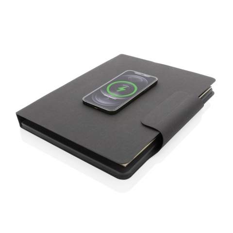 Charge your mobile device wirelessly at full speed with this A4 PU material notebook portfolio with integrated magnetic 10W wireless charger and 8000 mah powerbank. Snap your phone (iPhone 12 or higher) to the wireless charger and the phone will align perfectly with the magnets inside. The 10W wireless charger is compatible with all QI devices (Iphone 8 and up and Android devices) Type-C input 9V/2A; Wireless Output 9V/1.1A; Type-C output 9V/2A. The notebook includes 20 sheets/40 pages of 80 gsm lined paper. With phone/tablet pocket and pen loop.  19 pcs high quality N52H heat resistant magnets integrated. Registered design.<br /><br />NotebookFormat: A4<br />WirelessCharging: true<br />PowerbankCapacity: 8000<br />NumberOfPages: 20<br />PaperRulingLayout: Lined pages