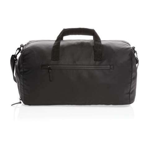 Be effortlessly stylish when carrying this all black PU weekend bag. This bag holds a roomy compartment for all your gear for a short break. Cabin approved size. PVC free.<br /><br />PVC free: true