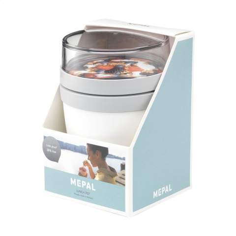 This plastic food jar made by Mepal is a handy product for transporting your lunch or snack. The food jar has two compartments. You can separate the two with a twisting motion. Both parts have a separate lid. The ideal solution for preventing spills while mixing. The volume of the upper transparent compartment is 200 ml, which means that it holds about 75 grams of muesli or fruit. The volume of the bottom compartment is 500 ml, enough for a generous portion of soup, noodles or yoghurt. A premium high-quality product. BPA-free, Food Approved and leak-proof. Microwave safe (except lid) and freezer safe. Comes with a 2-year Mepal manufacturer's warranty. Made in Holland.   STOCK AVAILABILITY: Up to 1000 pcs accessible within 10 working days plus standard lead-time. Subject to availability.