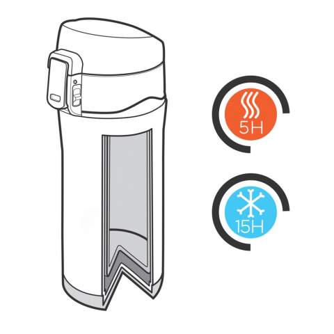 Double wall stainless steel vacuum mug that keeps your drink warm for up to 5 hours or cool up to 15 hours. The lid is lockable and therefore avoids any risk of leaking or spilling. The lid is easy to keep clean for optimal hygiene and can even be washed in the dishwasher. The unique design of the mug allows you to drink conveniently and safely with one hand directly from the mug. The size of the mug is suitable to place in any car drink holder. Capacity: 300 ml.