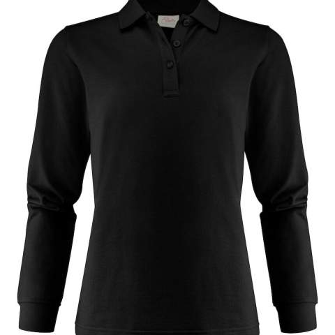 Polo piqué met lange mouwen, tricotkraag en zijsplitten. Drieknoopssluiting. Aan de binnenkant van de linker zijnaad werd een zakje voorzien voor het innaaien van een waschip. Oeko-Tex 100 gecertificeerd. Dit artikel is verpakt is een composteerbare polybag.