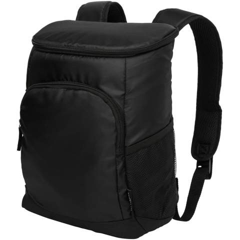 Made with high density thermal insulation, this backpack features a zippered main compartment, a zippered front pocket, mesh side pocket and padded adjustable straps. Ultra Safe® leak proof, easy clean PEVA lining. Fits 18 cans. PVC free. 

