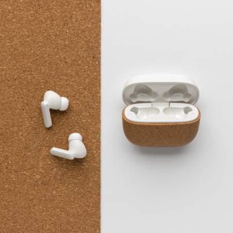 Elegant design wireless earbuds made with FSC® 100% cork and RCS (Recycled Claim Standard) certified recycled ABS. Total recycled content: 35% based on total item weight. RCS certification ensures a completely certified supply chain of the recycled materials.The perfectly fitting earbuds have a 35 mAh battery and can be re-charged in the 300 mAh charging case within 1.5 hours. With auto pairing function so easy to pair to your mobile device. Playing time on medium volume about 3 hours. With BT 5.3 for optimal connection. Operating distance up to 10 meters. With pick up and mic. Including 3 size silicone ear tips. Including RCS certified recycled TPE charging cable. Packed in FSC® mix kraft packaging. Item and accessories 100% PVC free.<br /><br />HasBluetooth: True<br />PVC free: true