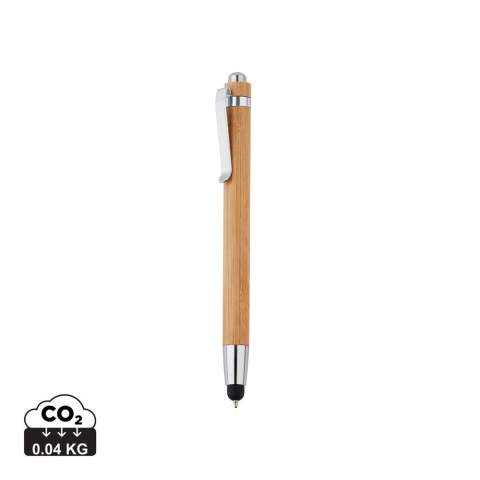 Stylo tactile en bambou avec embout stylet et stylo bille intégré.